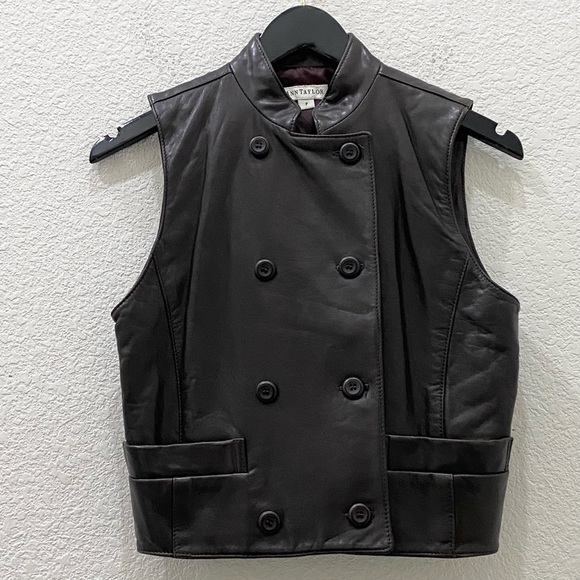 Vintage Ann Taylor Chocolate Brown Double Breasted 100% Leather Vest Petite S - Picture 8 of 13